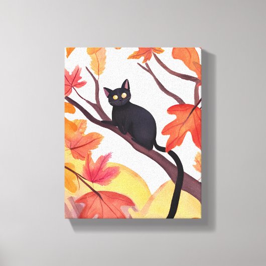 木に登った黒猫 | 秋 紅葉 おかしい かわいい キャンバスプリント (正面)