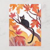 木に登った黒猫 | 秋 紅葉 おばけ かわいい シーズンポストカード (正面)