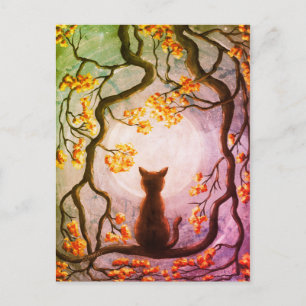 木に登る空想の猫と満月の絵画アート ポストカード