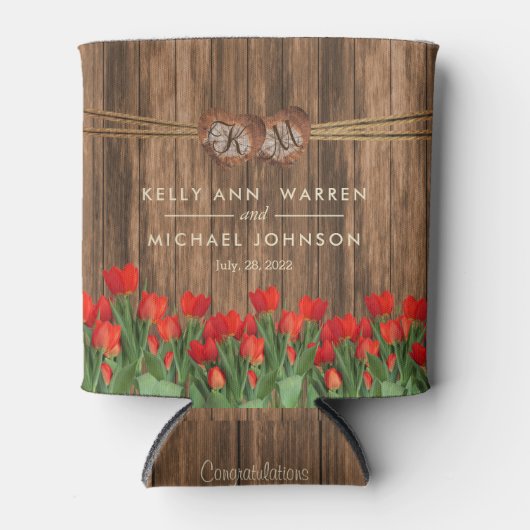 木に美しい赤いチューリップの花 缶クーラー (正面)