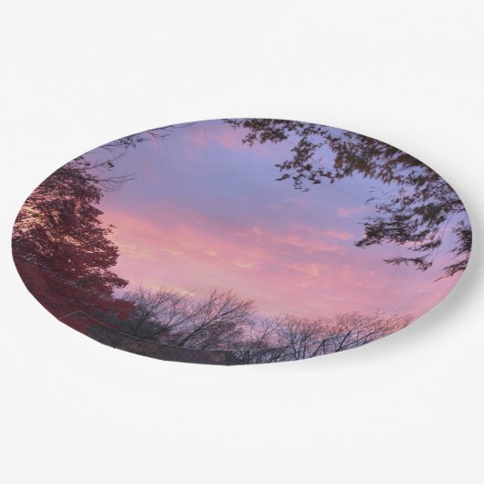 木に覆われた美しい夕日 ペーパープレート (アングル)
