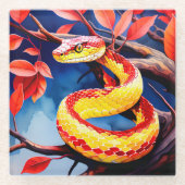 木に赤鮮やかと黄色のはかりで測コブラ ガラスコースター (正面)