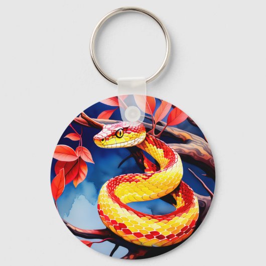 木に赤鮮やかと黄色のはかりで測コブラ キーホルダー (裏面)