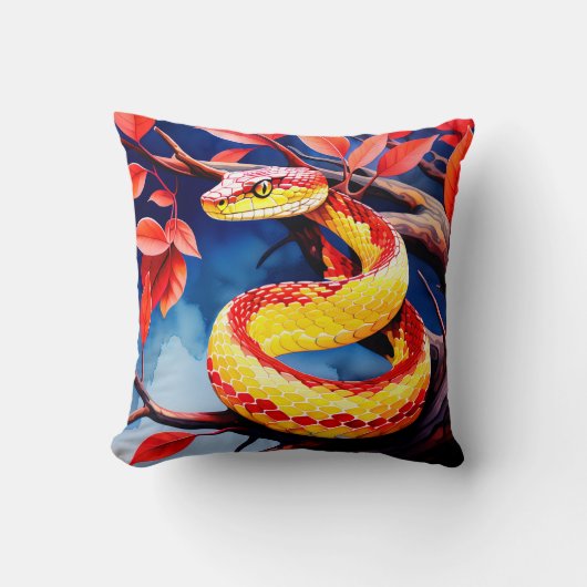 木に赤鮮やかと黄色のはかりで測コブラ クッション (正面)