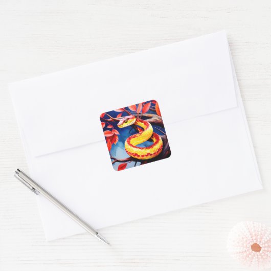 木に赤鮮やかと黄色のはかりで測コブラ スクエアシール (封筒)