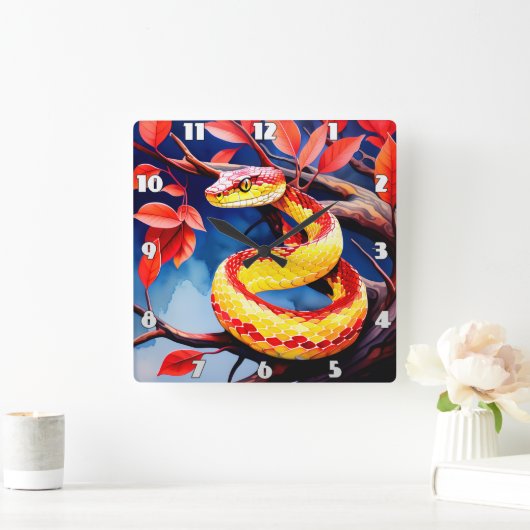 木に赤鮮やかと黄色のはかりで測コブラ スクエア壁時計 (ホーム)