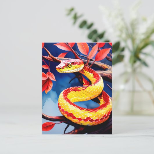 木に赤鮮やかと黄色のはかりで測コブラ ポストカード (スタンド正面)