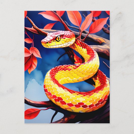 木に赤鮮やかと黄色のはかりで測コブラ ポストカード (正面)
