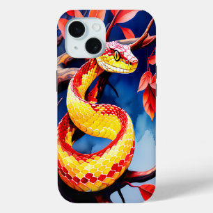 木に赤鮮やかと黄色のはかりで測コブラ iPhone 15ケース