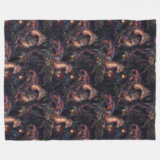 木に隠れる紫の龍 フリースブランケット (正面(横))