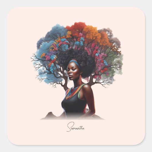 木に飾った髪のアフリカ系アメリカ人女性 スクエアシール (正面)