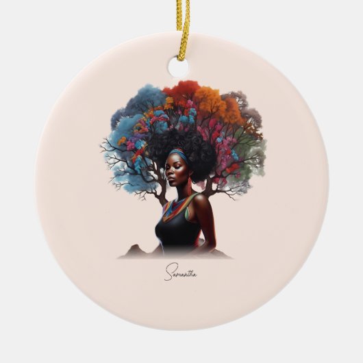 木に飾った髪のアフリカ系アメリカ人女性 セラミックオーナメント (正面)