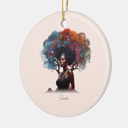 木に飾った髪のアフリカ系アメリカ人女性 セラミックオーナメント (左)