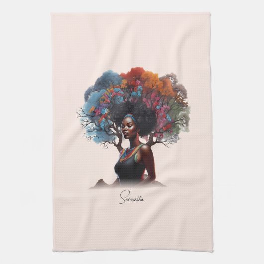 木に飾られたアカラフルフリカ人の女性 キッチンタオル (縦)
