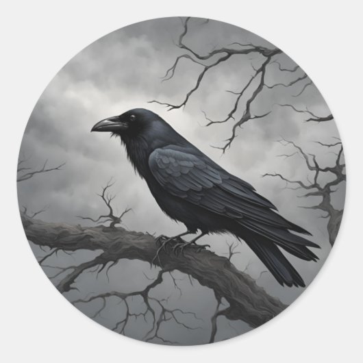 木に黒いカラス ラウンドシール (正面)