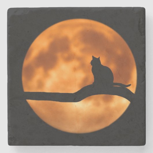 木に黒い猫のシルエット ストーンコースター (正面)