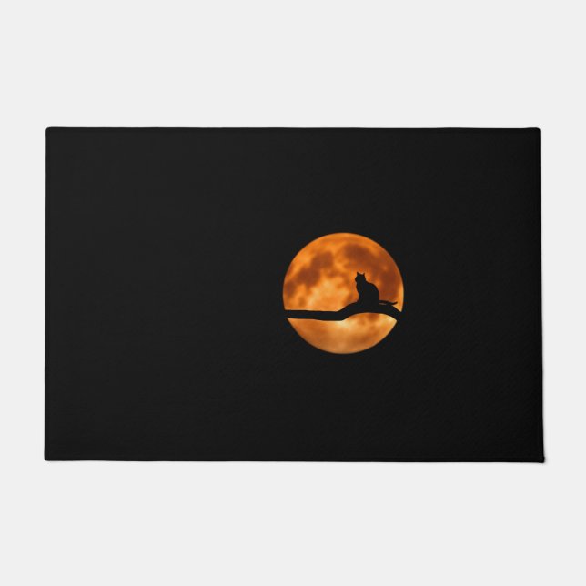 木に黒い猫のシルエット ドアマット (正面)