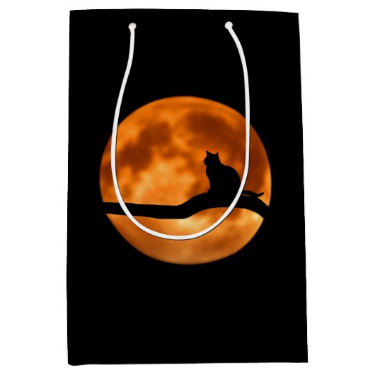 木に黒い猫のシルエット ミディアムペーパーバッグ (正面)