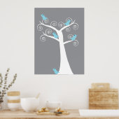 木に5羽の青い鳥（灰色の背景）プリント ポスター (キッチン)