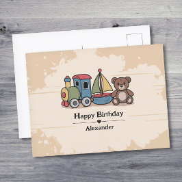 木のおもちゃ 電車、帆船、テディベア付き ポストカード