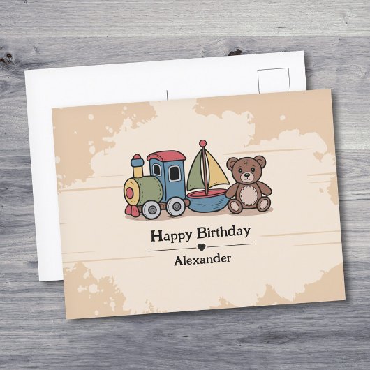 木のおもちゃ 電車、帆船、テディベア付き ポストカード