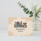 木のおもちゃ 電車、帆船、テディベア付き ポストカード (スタンド正面)