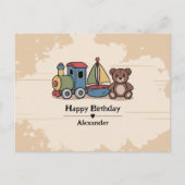 木のおもちゃ 電車、帆船、テディベア付き ポストカード (正面)