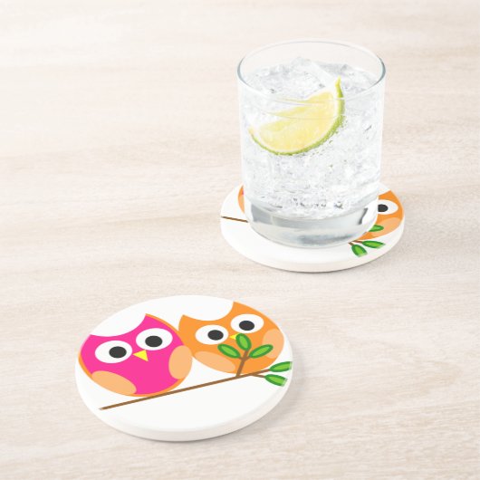木のかわいいピンクおよびオレンジフクロウ コースター (側面)