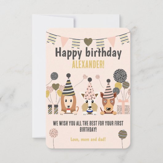 木のかわいい犬とパーティー帽子バルーン誕生日 (正面)