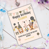 木のかわいい犬とパーティー帽子バルーン誕生日