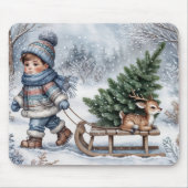 木のそりを引く少年とクリスマスツリー マウスパッド (正面)