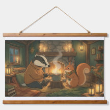 木のぬくもりあふれるキャンプファイアーアニマル ウォールタペストリー