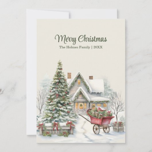 木のぬくもりあふれるクリスマス・コテージのカード ツリーと赤いワゴン付き シーズンカード (正面)