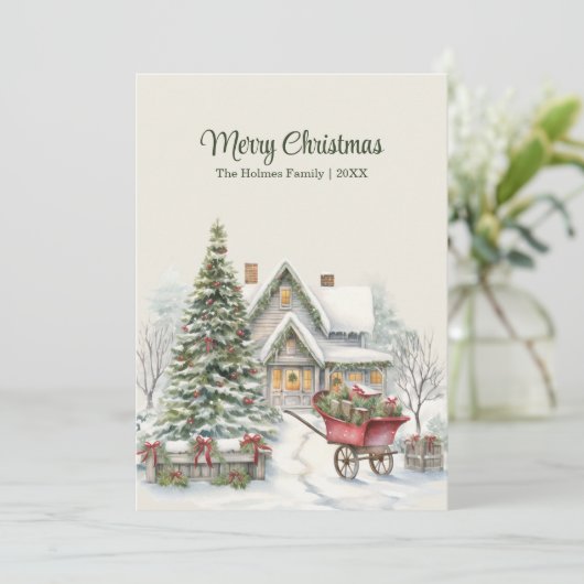 木のぬくもりあふれるクリスマス・コテージのカード ツリーと赤いワゴン付き シーズンカード (スタンド正面)