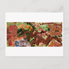 木のはがきに青い顔のフクロウ ポストカード