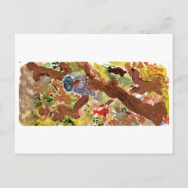 木のはがきに青い顔のフクロウ ポストカード