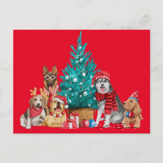 木のはがきの下の犬のクリスマスパック ポストカード (正面)