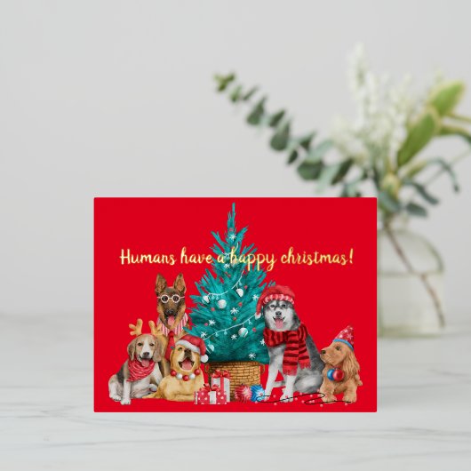 木のはがきの下の犬のクリスマスパック 箔シーズンポストカード (立ち正面)