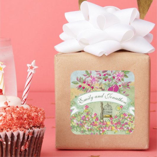 木のアザラシに結婚座るラブバード スクエアシール (パーティー)