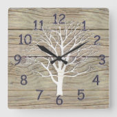 木のアートワークが付いている風化させた流木 スクエア壁時計 (正面)