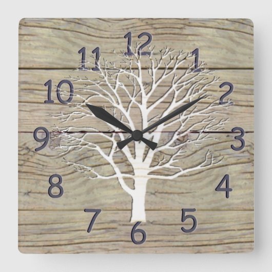 木のアートワークが付いている風化させた流木 スクエア壁時計 (正面)