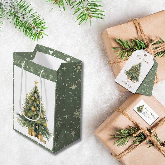 木のエレガント水の色の金ゴールドきらびやかなギフト ミディアムペーパーバッグ