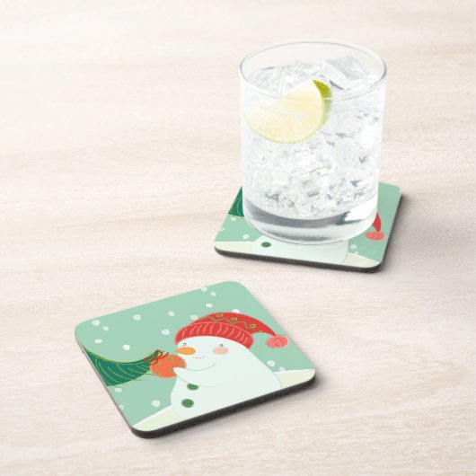 木のオーナメントをつるす雪だるま コースター (右側)