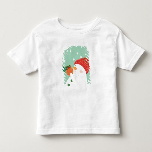 木のオーナメントをつるす雪だるま トドラーTシャツ (正面)