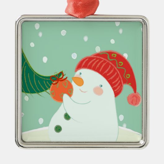 木のオーナメントをつるす雪だるま メタルオーナメント (正面)