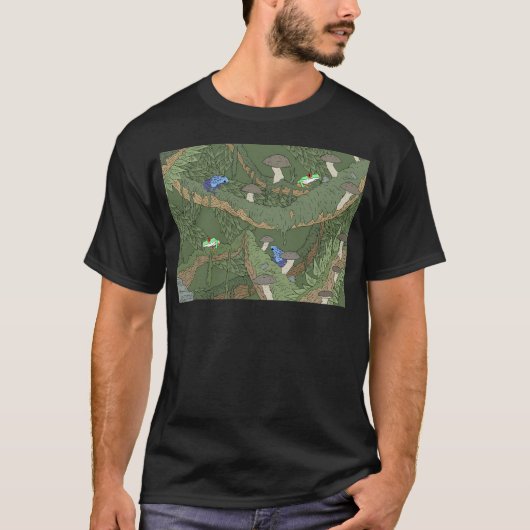 木のカエルとキノコ。ジャングルパターン。 Tシャツ (正面)