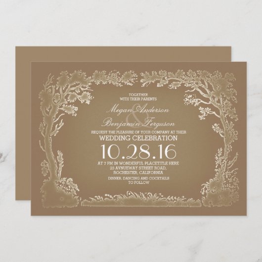 木のカップルの素朴なヴィンテージの結婚式招待状 招待状 (正面/裏面)