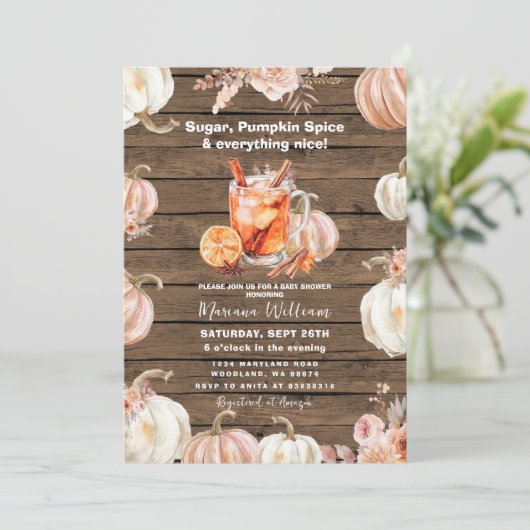 木のカボチャのスパイスと全ての素敵な赤ちゃんシャワー 招待状 (スタンド正面)