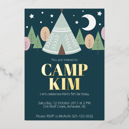 木のキャンプの誕生日 箔招待状 (正面)