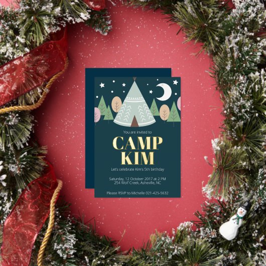 木のキャンプの誕生日 箔招待状 (インサイチュ)